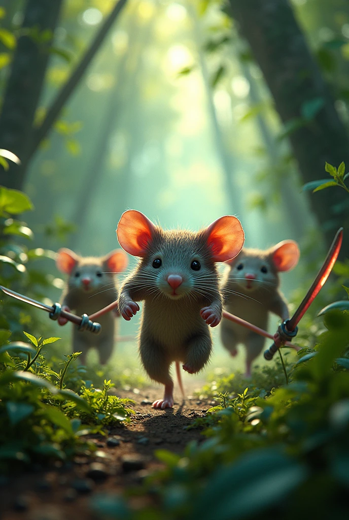 The gang of rats in the jungle was running away with their swords,