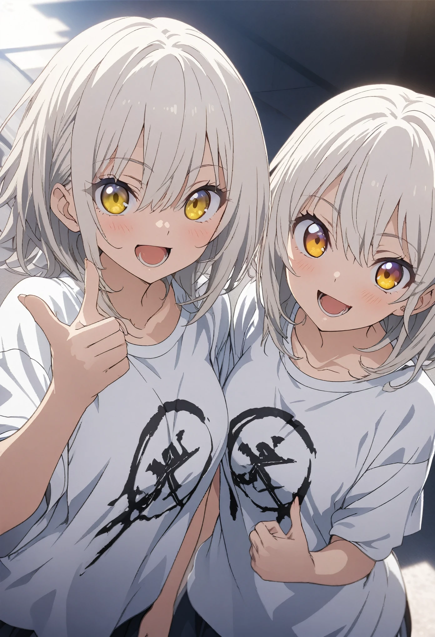 Two Girls, twins, masterpiece, Highest quality, Highly detailed CG Unity 8k wallpaper, High School Girl Anime Illustration. Wear an oversized t-shirt and oversized pants、Make a finger gun gesture to the audience, she has her eyes closed and mouth open, smile. The background is a simple single color, white hair color, Yellow Eyes, Dynamic Angle