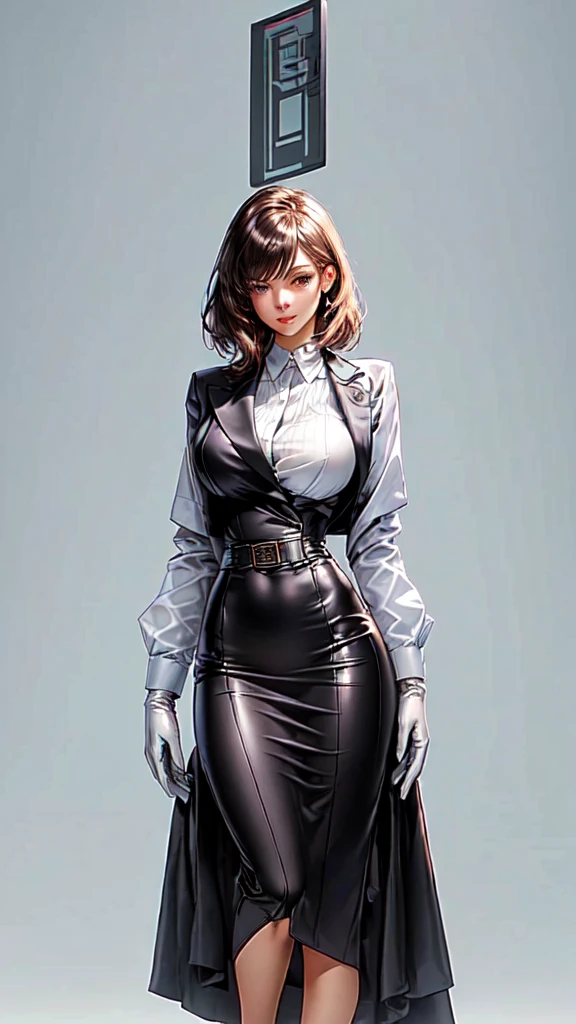 A high resolution, 1 mature woman, 25 years old, Cute Girl, a woman wearing a mask and a dress, latex gloves, female spy, business attire, female outfit, office clothes, wearing a strict business suit, dystopian outfit, girl in suit, girl in a suit, female lead character, 1940s style fasion, business outfit, female in office dress, work clothes, avant designer uniform, white business suit, long sleeves, brown Vest, brown office business skirt, big breasts, curvy body, dynamic pose, medium shot,