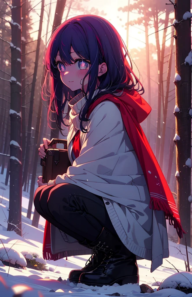 aihoshino, Ai Hoshino, Long Hair, bangs, (Purple eyes:1.1), Purple Hair, (Symbol-shaped pupil:1.5), smile,,smile,blush,white breath,
Open your mouth,snow,Ground bonfire, Outdoor, boots, snowing, From the side, wood, suitcase, Cape, Blurred, , forest, White handbag, nature, Squat, Mouth closed, Cape, winter, Written boundary depth, Black shoes, red Cape break looking at viewer, Upper Body, whole body, break Outdoor, forest, nature, break (masterpiece:1.2), Highest quality, High resolution, unity 8k wallpaper, (shape:0.8), (Beautiful and beautiful eyes:1.6), Highly detailed face, Perfect lighting, Highly detailed CG, (Perfect hands, Perfect Anatomy),