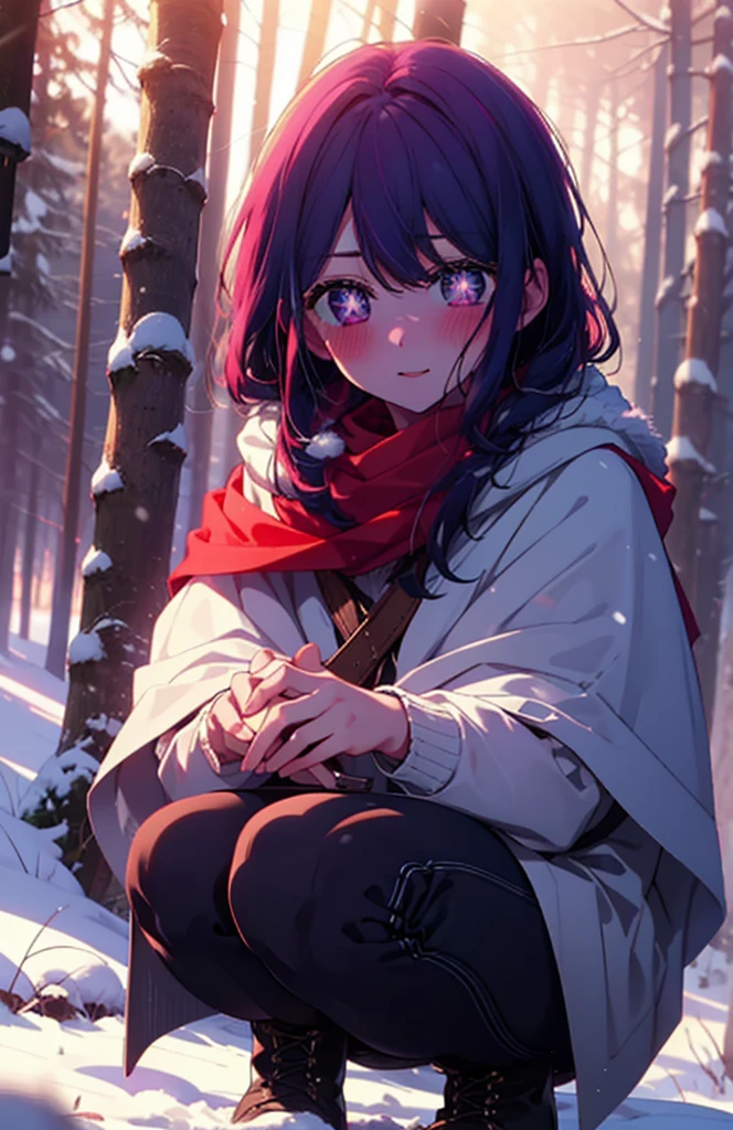 aihoshino, Ai Hoshino, Long Hair, bangs, (Purple eyes:1.1), Purple Hair, (Symbol-shaped pupil:1.5), smile,,smile,blush,white breath,
Open your mouth,snow,Ground bonfire, Outdoor, boots, snowing, From the side, wood, suitcase, Cape, Blurred, , forest, White handbag, nature, Squat, Mouth closed, Cape, winter, Written boundary depth, Black shoes, red Cape break looking at viewer, Upper Body, whole body, break Outdoor, forest, nature, break (masterpiece:1.2), Highest quality, High resolution, unity 8k wallpaper, (shape:0.8), (Beautiful and beautiful eyes:1.6), Highly detailed face, Perfect lighting, Highly detailed CG, (Perfect hands, Perfect Anatomy),
