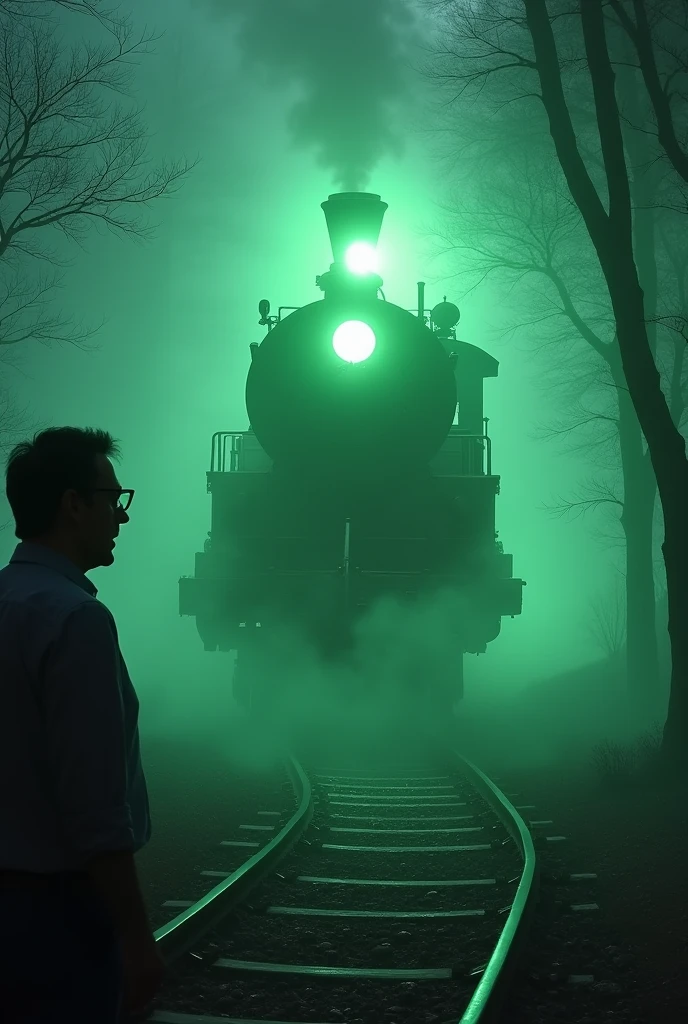 Based on the image you provided, here’s a prompt you could use to describe it:
"A misty and eerie forest scene at night with a glowing, green-lit steam locomotive, known as 'The Ghost Train,' floating slightly above the tracks. The train emits an otherworldly aura, casting a mysterious glow over the surrounding fog and trees. To the left, a surprised man with glasses and a shocked expression looks on in amazement or fear. The scene is both haunting and surreal, evoking a sense of supernatural mystery."