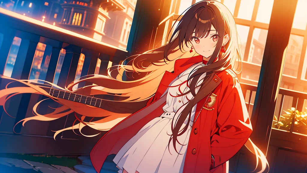 masterpiece,full body, a 17 years old girl ,brown hair, long hair,straight hair,hair pulled back,red coat, white dress, finely detailed eyes and detailed face,smile,simple background,earrings,time is night。at a fairly far distance, carrying an acoustic guitar, hands in pockets