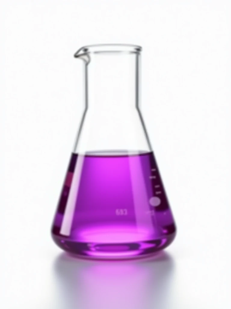 A high-quality image of a glass beaker containing a vibrant purple liquid, set against a pure white isolated background. Professional studio lighting illuminates the scene, making the background appear bright white. The glass beaker gleams with a subtle light reflection, giving it a polished and professional appearance. The lighting emphasizes the transparency of the glass and the rich color of the purple substance inside. Sharp focus, high resolution, photorealistic rendering