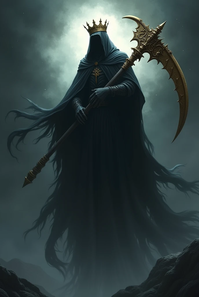 Grim Reaper floating in the air, wearing a crown and holding a gigantic golden scythe, with a black hole in the background