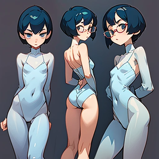 Ghost  girl with a thin, sharp face with a flat nose, small eyes and asian features with glasses and short hair

Thin tomboy body type, with small chest, large hips and elegant thin arms and large legs with pronounced thighs 

Blue skin

Dressed in transparent 60s Lingerie 

(((character sheet))) ((various views)) ((front and back) (Face detail) (full body)