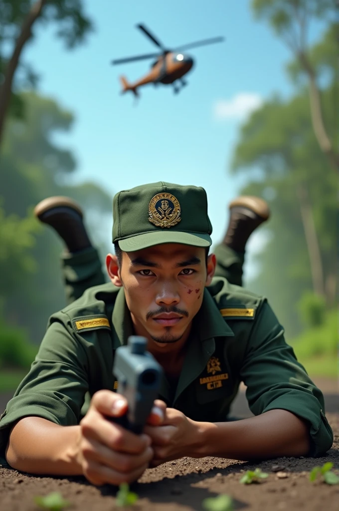(great work), (best quality), high resolution, 1 person, focus handsome asian men, solo focus is lying face down on the ground while watching wearing a TNI hat (healed scar on left cheek), arms rolled up, seragam TNI nasional indonesia bet 🇮🇩 memakai sepatu bot tentara,holding a toy gun,forest background, clear blue sky, (brown colored helicopter), tense atmosphere,
