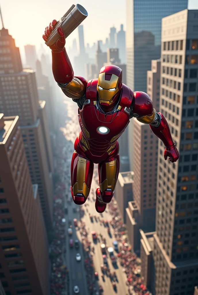 Picture of iron man flying and holding peper in the sky and background of New York city