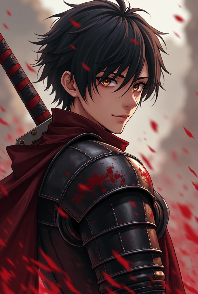 Olive skin, Short black hair, young man, brutal appearance, brown eyes, Antiquity, Short beard, black blood red armor, black and blood red decorated sword, Blood overflowing, in the middle of a battle, anime style
