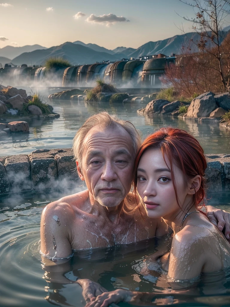 (best quality, highres, masterpiece, photorealistic:1.2),(HDR, vivid colors, wide angle, seen from below),((2people):1.65), (((a very old man with skinny body):1.23) and (japanese young woman with sagging breast, red hair, slim fit body):1.3)), posing for a picture, professional dynamic lighting, (upperbody:1.3), naughty expressions, (sexy poses, hug each other, back to front), ((soaking in the hot springs with river):1.4), foggy and snowy background, cool tones, intimate atmosphere, romantic vibe, photon mapping