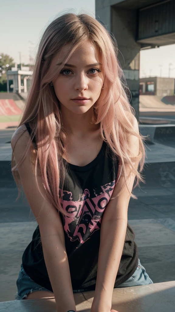 woman, Avril Lavigne, long blonde hair, pink streak, black mascara, chemise, skater clothes, beautiful detailed eyes, beautiful detailed lips, extremely detailed face, long eyelashes, (best quality,4k,8k,highres,masterpiece:1.2),ultra-detailed,(realistic,photorealistic,photo-realistic:1.37),portrait,fashion,stylish,cozy,warm colors,soft lighting,natural lighting,skatepark