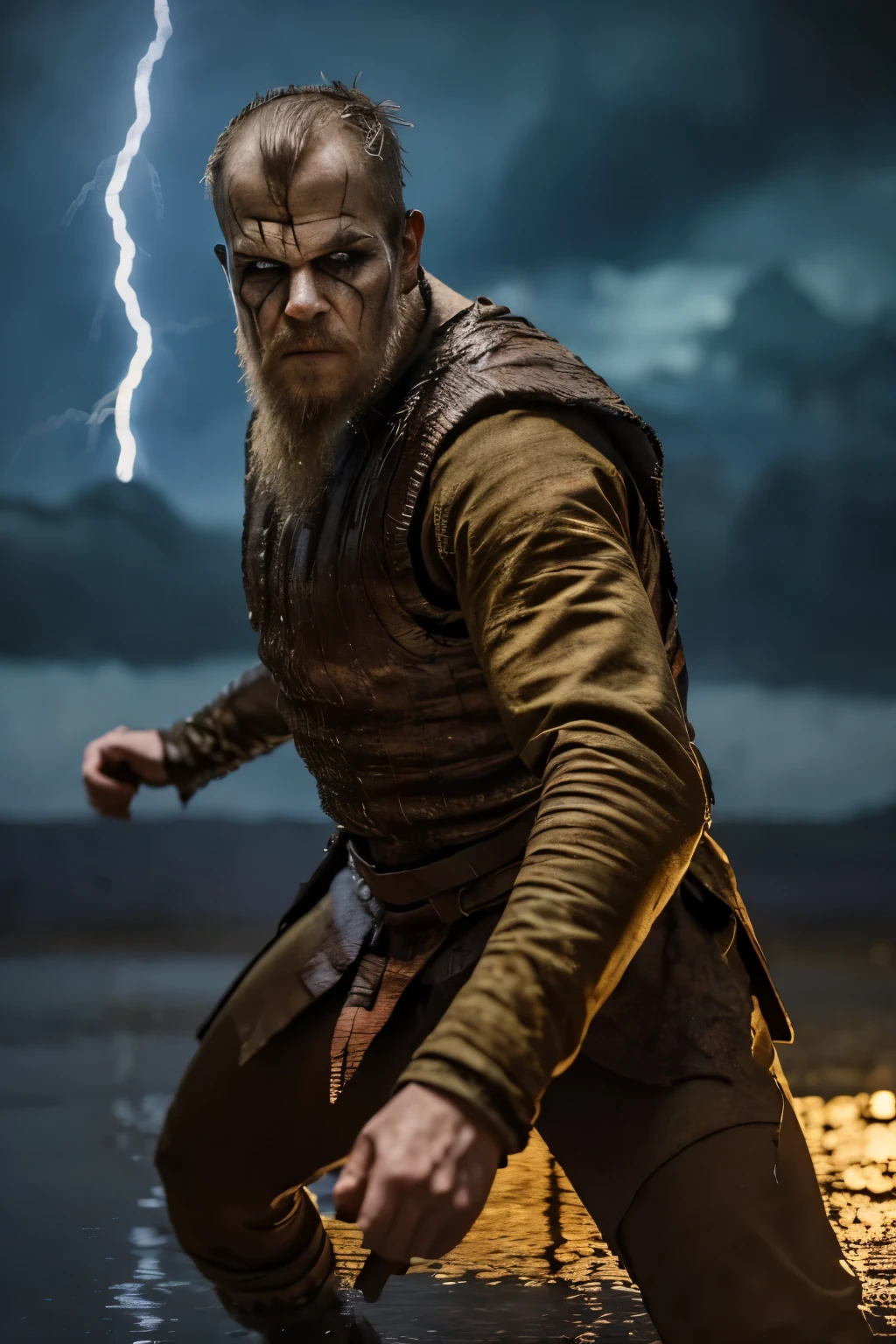 Hyper realistic, ultra detailed, cinematic posterof Floki a viking warrior, old man, 50 years old, black makeup on eyes, beard, ((action scene)), in dynamic combat pose, ((night, rain fall)) , ultra realistic, skin texture, cinematic lighting. (((Cinematic thunder background))) .