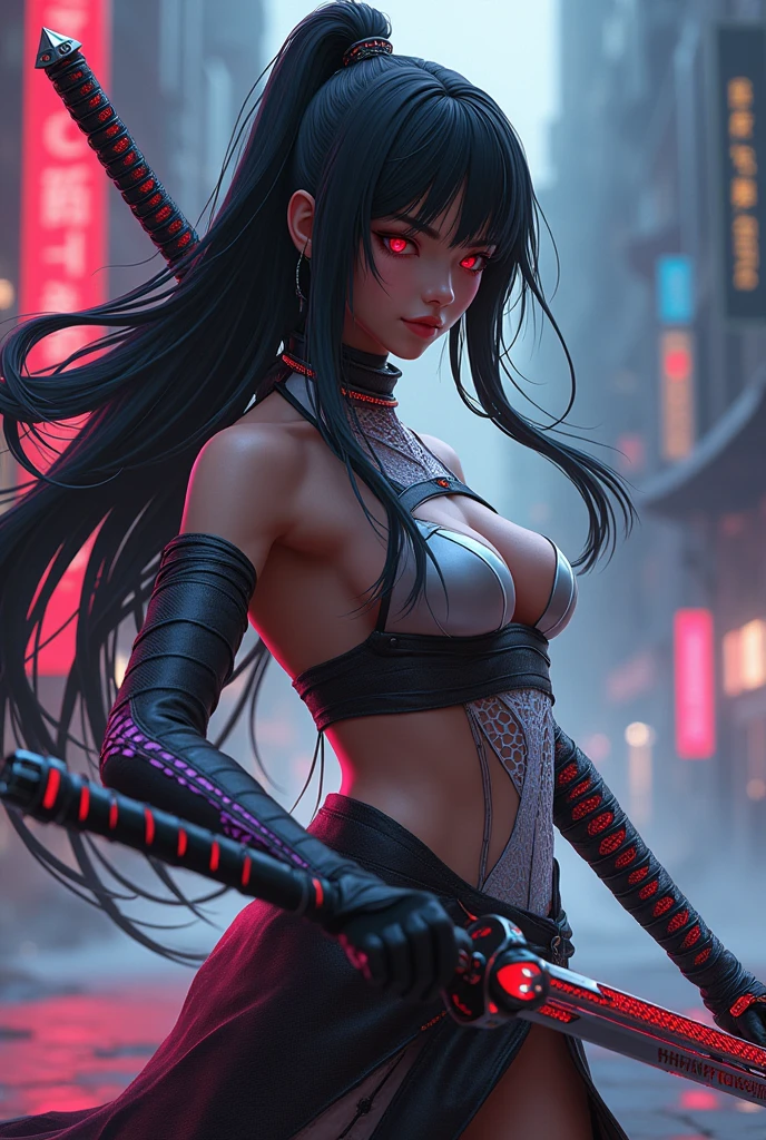 Hair Style and Color: She has long, beautiful black hair with a white streak, resembling a mesh-like pattern. Her hair is smooth and glossy, swaying gracefully with her movements in battle. The white streak symbolizes her individuality and strength, naturally blending into the rest of her hair.
Eyes: Her eyes are red, possessing a gem-like beauty and brilliance. These eyes are cold yet beautiful, leaving a strong impression on those who meet her gaze. The sparkle in her eyes reflects her inner power, symbolizing her strength.
Build: She is tall, with a well-proportioned and toned body. While muscular, she retains a feminine grace and agility.
Outfit: She wears a black, form-fitting suit that emphasizes her physique. The suit is designed to not hinder her movements in combat, with a slight sheen that accentuates her body lines. Light armor on her shoulders and waist provides protection, making the design both practical and simple.
Weapon Design
Sword Design: The sword combines the traditional beauty of a Japanese katana with futuristic, cyberpunk elements. The blade follows the classic curve of a katana, representing the "wa" (harmony) element. It has a black and silver metallic finish, with details suggesting the flow of energy through the blade.
Sword Blade Features: The blade features "vein-like" patterns that glow in red, blue, and parts of purple, as if the sword itself is alive. These patterns pulse with energy, symbolizing the unity between the wielder and the weapon. The glowing veins visually express the flow of energy through the sword, shining even brighter during combat.
Sword Hilt: The hilt resembles the traditional tsuka-maki (hilt wrapping) of a Japanese sword but is made from advanced nanomaterials. Embedded within are fine circuits that emit a subtle glow, wrapping the hilt in a pattern of light.
Tsuba (Handguard): The tsuba features a traditional Japanese design with a central energy core. This core powers the sword, glowing with energy that