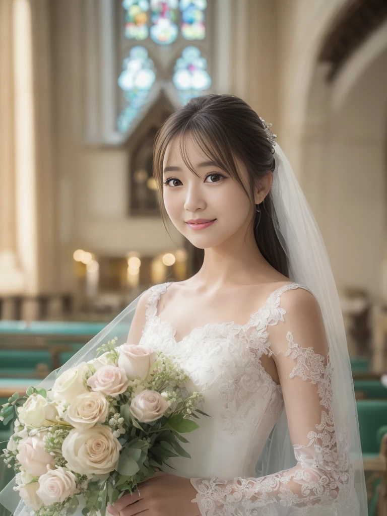 Photo-realistic quality、a woman in a Wedding dress holding a bouquet of flowers、Standing in front of the church、20 year old Japanese model、白のWedding dress,Hanae Mori style wedding dress、Japan idols at 20 years old、lace prom dresses、looking at the camera、Cute smile、Relaxed and gentle expression、holding a bouquet, Wedding dress, So magical and dreamy、80ｍｍ Lens aperture F2.Shot at 8、Narrow waist