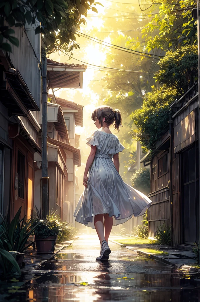 In a quiet, suburban street drenched in the soft afterglow of a recent rain, the camera is positioned at a low angle, capturing the scene from behind a young girl as she walks down the pathway. The shot is framed to emphasize the ethereal atmosphere created by the interplay of light and shadow. The girl's silhouette is central to the composition, bathed in warm sunlight filtering through the overhanging trees, which create a natural canopy above her.The scene is filled with a soft, golden hue, where the sunlight pierces through the dense leaves, casting dappled patterns on the wet pavement. Tiny droplets of water, suspended in mid-air, catch the light, appearing like glistening fireflies around the girl. Her posture is relaxed, her arms slightly swinging as she walks, her simple white dress swaying with her movements. The light breeze gently tousles her short hair, adding to the sense of serenity.Reflections of the girl and the surrounding greenery can be seen in the shallow puddles that still linger on the ground, enhancing the dreamy, almost surreal quality of the scene. In the background, out of focus, the urban elements of street poles and distant buildings are subtly suggested, hinting at the quiet neighborhood setting. The overall composition conveys a peaceful, nostalgic moment, capturing the fleeting beauty of a calm afternoon walk after the rain. UHD, 4K, HIGH QUALITY, QUALITY,