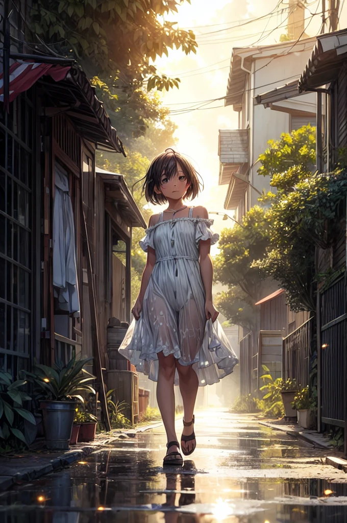 In a quiet, suburban street drenched in the soft afterglow of a recent rain, the camera is positioned at a low angle, capturing the scene from behind a young girl as she walks down the pathway. The shot is framed to emphasize the ethereal atmosphere created by the interplay of light and shadow. The girl's silhouette is central to the composition, bathed in warm sunlight filtering through the overhanging trees, which create a natural canopy above her.The scene is filled with a soft, golden hue, where the sunlight pierces through the dense leaves, casting dappled patterns on the wet pavement. Tiny droplets of water, suspended in mid-air, catch the light, appearing like glistening fireflies around the girl. Her posture is relaxed, her arms slightly swinging as she walks, her simple white dress swaying with her movements. The light breeze gently tousles her short hair, adding to the sense of serenity.Reflections of the girl and the surrounding greenery can be seen in the shallow puddles that still linger on the ground, enhancing the dreamy, almost surreal quality of the scene. In the background, out of focus, the urban elements of street poles and distant buildings are subtly suggested, hinting at the quiet neighborhood setting. The overall composition conveys a peaceful, nostalgic moment, capturing the fleeting beauty of a calm afternoon walk after the rain. UHD, 4K, HIGH QUALITY, QUALITY,