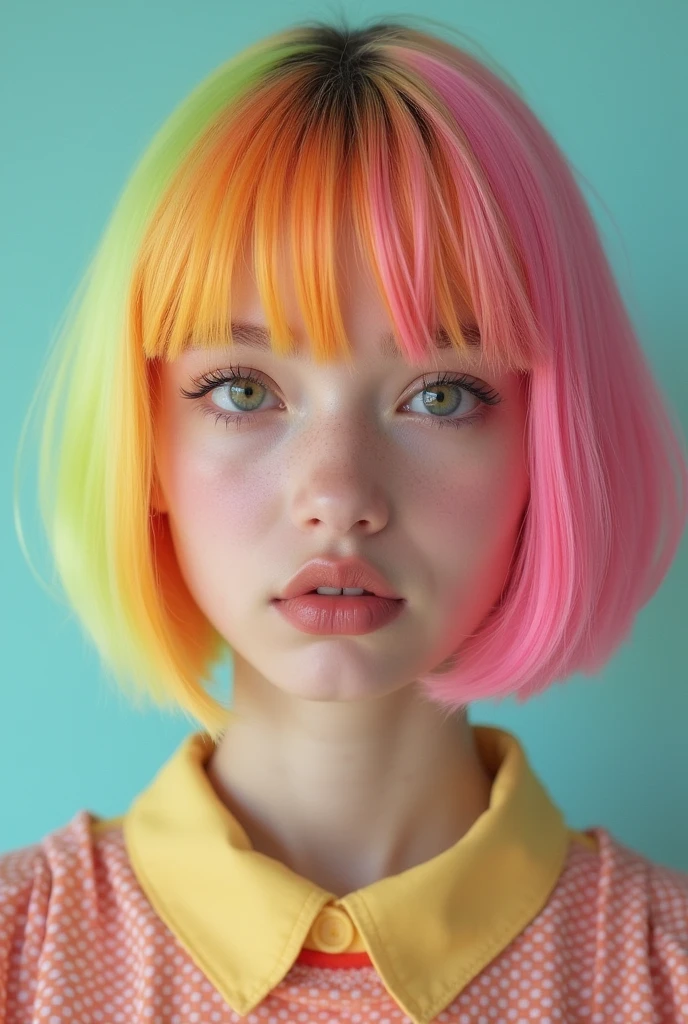 (Highest quality:1.2, City Pop Style, Very detailed, Latest, Vibrant, High Contrast, masterpiece:1.2, Highest quality, Best aesthetics), girl, ((Face Up Shot:1.4)), Colorful Hair, Bobcut, pastel colour, 1980s style, ((Retro, Vintage, Plain background))