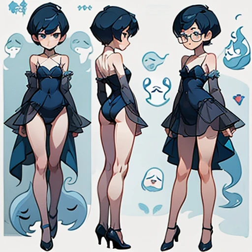 Ghost girl with a thin, sharp face with a flat nose, small eyes and asian features with glasses and short hair
Thin tomboy body type, with small chest, large hips and elegant thin arms and large legs with pronounced thighs
Blue skin
Dressed in transparent 60s Lingerie
(((character sheet))) ((various views)) ((front and back) (Face detail) (full body)