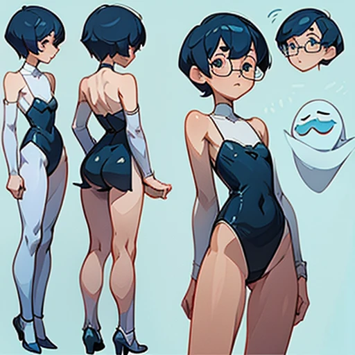 Ghost  girl with a thin, sharp face with a flat nose, small eyes and asian features with glasses and short hair

Thin tomboy body type, with small chest, large hips and elegant thin arms and large legs with pronounced thighs 

Blue skin

Dressed in transparent 60s Lingerie 

(((character sheet))) ((various views)) ((front and back) (Face detail) (full body)