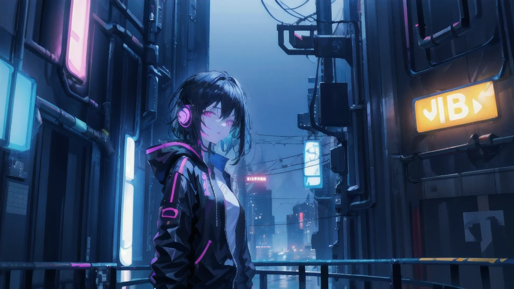 girl black hair, neon cyberpunk city at night, cyberpunk edgerunners style, 4k high resolution, RGB lighting, wearing a futuristic headset
