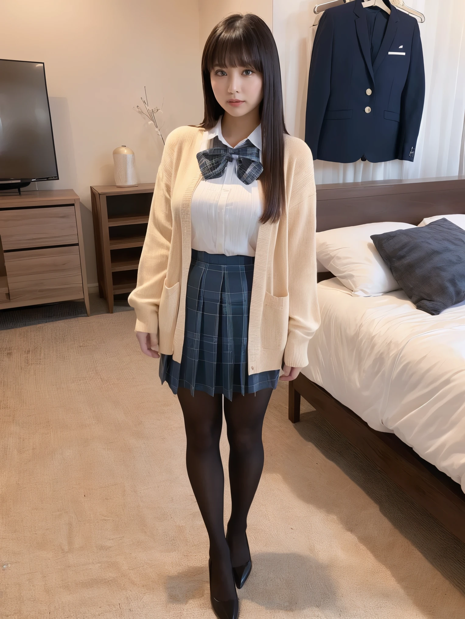 (((8k、High resolution、Highest quality、High resolution)))alone、Natural body shape、White skin、Natural Makeup、((Black Hair、bangs、Straight Long Hair))、((()))、Random Model Poses、Are standing, (:1.4)、(())、(((((Full body photo)))))、(((Looking into the camera)))、(((Wear a uniform on the upper body)))、Bedroom、(((At home))) 、((white collared long sleeve blouse))、((Beige cardigan))、((Pleated skirt with dark blue plaid pattern、mini skirt、Ultra-realistic pantyhose))、、、Expressionless、((Exposing your thighs)), Beautiful mature woman