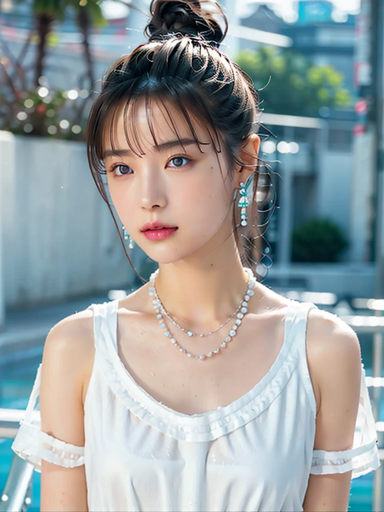 (masterpiece, Highest quality:1.2), 8k, 85mm, RAW Photos, Confused, White and Cyan Theme, (Liquid clothing, Liquid Dress:1.4), Brown Hair, Gradient Dress, Delicate girl, Upper Body, Close your face, Glowing Skin, , Watch Viewers 1.5, High resolution, Sharp focus, particle, Twilight Sky, Glowing Skin, Small eyes and face, Colorful background, Simple Background、Earrings、necklace、clavicle、、Updo、Brown Hair、