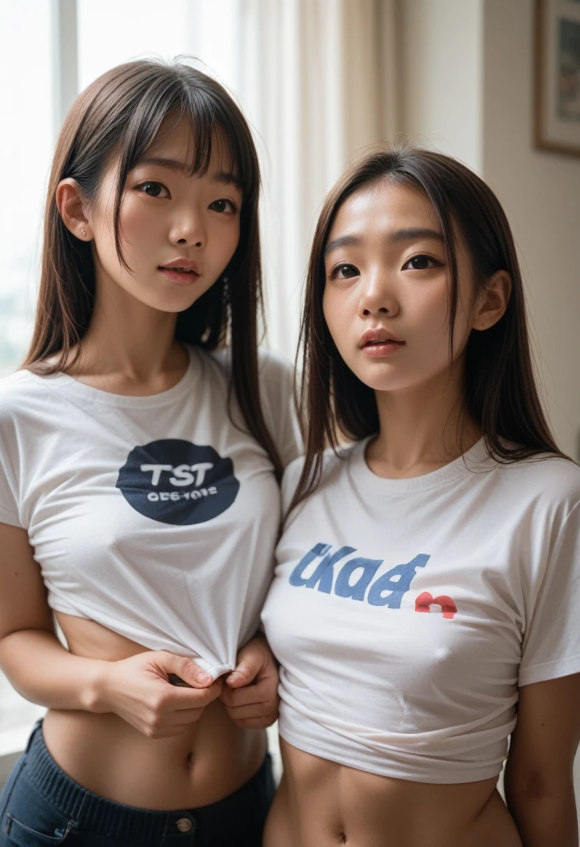 Sexy asian girls flashing tits under her t-shirt, 2 girls