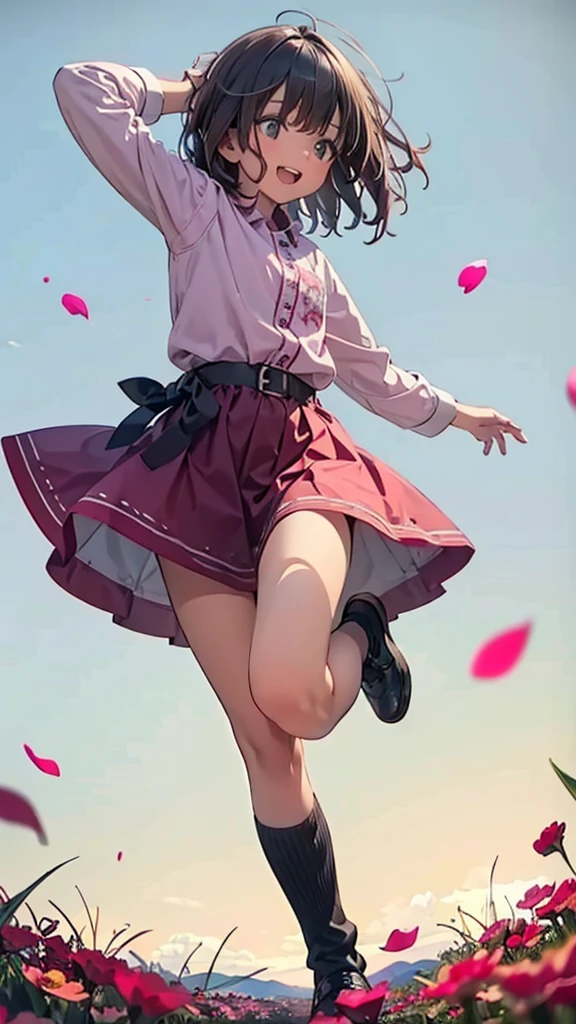 Official Art, wallpaper, Very detailed, (((Very detailed))), Realistic portraits, (high quality, masterpiece, High resolution) , 8K  UHD, high quality, There is a woman, surrounded by colorful flowers, Flower Field, female portrait With flowers, Beautiful young dark-haired woman, Fantastic and dreamy, 4K, 8k, Background Blur, smile, 10 years old, Angle from below, Dynamic, Wide angle, Aperture value F1.2, Anatomically correct, low angle, Full body photo, short stature , Hair blowing in the wind, The dancing petals shine, horizon, dance, Bouncing, Western Dress, Europe