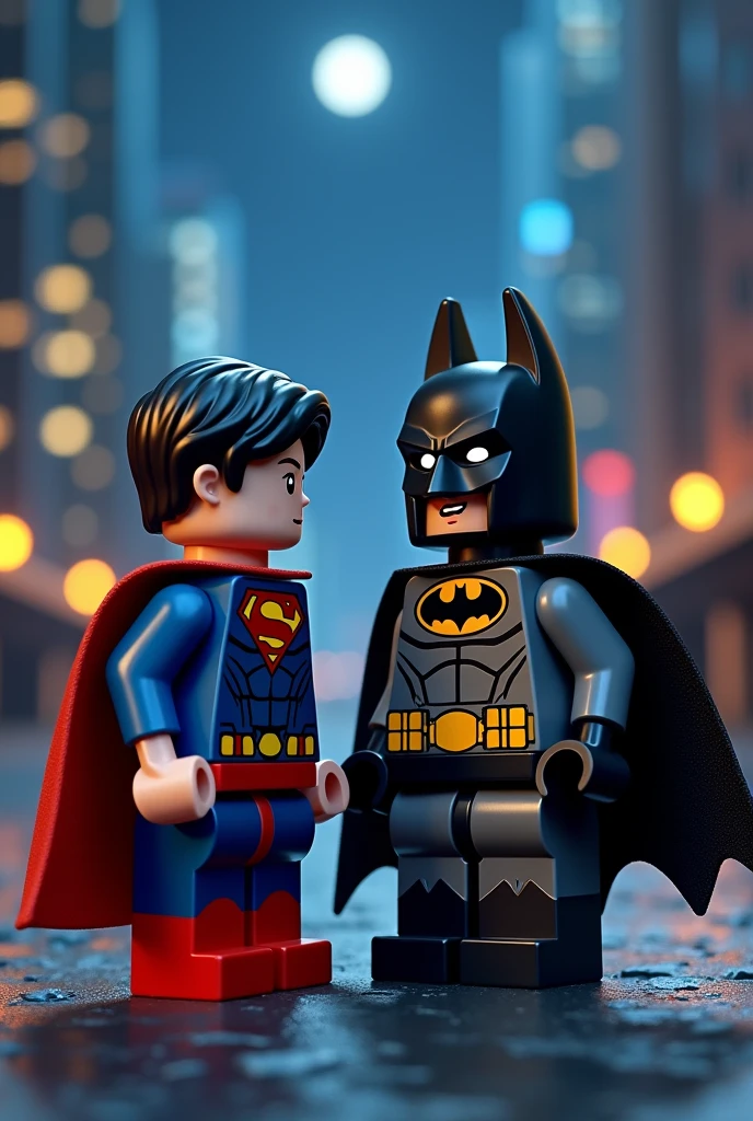 Superman and Batman in lego art, night