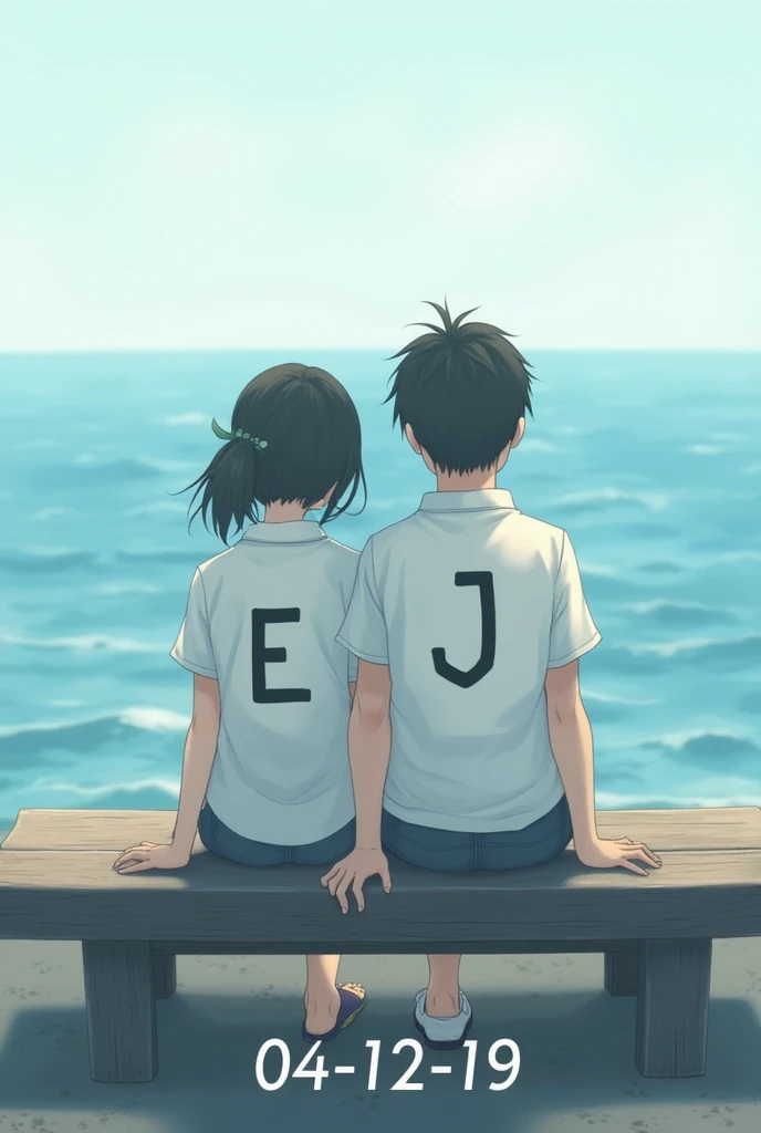 A boy and a girl sitting on a bench looking at the sea with white shirts and the boy with the letter E on his shirt and the girl with the letter J on her shirt and below the numbers 04-12-19