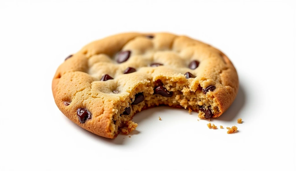 Close up of an half eaten cookie with crumb against a white background