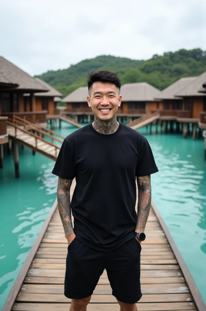 A Korean man with undercut hair, standing on a bridge made of planks past the front of the resort, circling the sea with stairs descending at the end of a plank wooden platform overlooking the clear turquoise water. He was wearing a black t-shirt, shorts, full of tattoos on his face. his arm. In the background there are several rustic wooden resorts with curved roofs, Zincalume Galvalume roof models, these resorts are built on the water on the beach. The background is a marine tourism destination in the Lampung region of Indonesia known as "Tegal Mas Resort", the sky is cloudy while smiling at the camera
