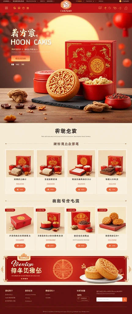 Generate an e-commerce store homepage,Chinese e-commerce style,Taobao,JDM,Tmall,Products are mainly moon cakes,Chinese style color matching