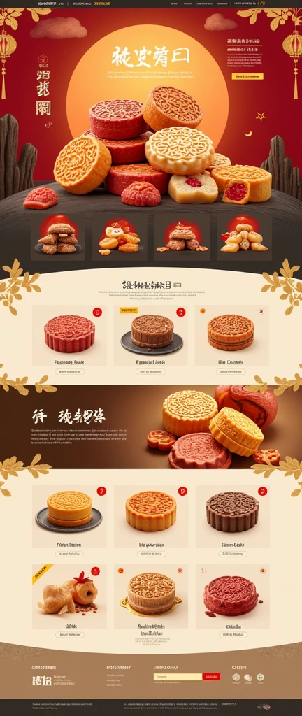 Generate an e-commerce store homepage,Chinese e-commerce style,Taobao,JDM,Tmall,Products are mainly moon cakes,Chinese style color matching