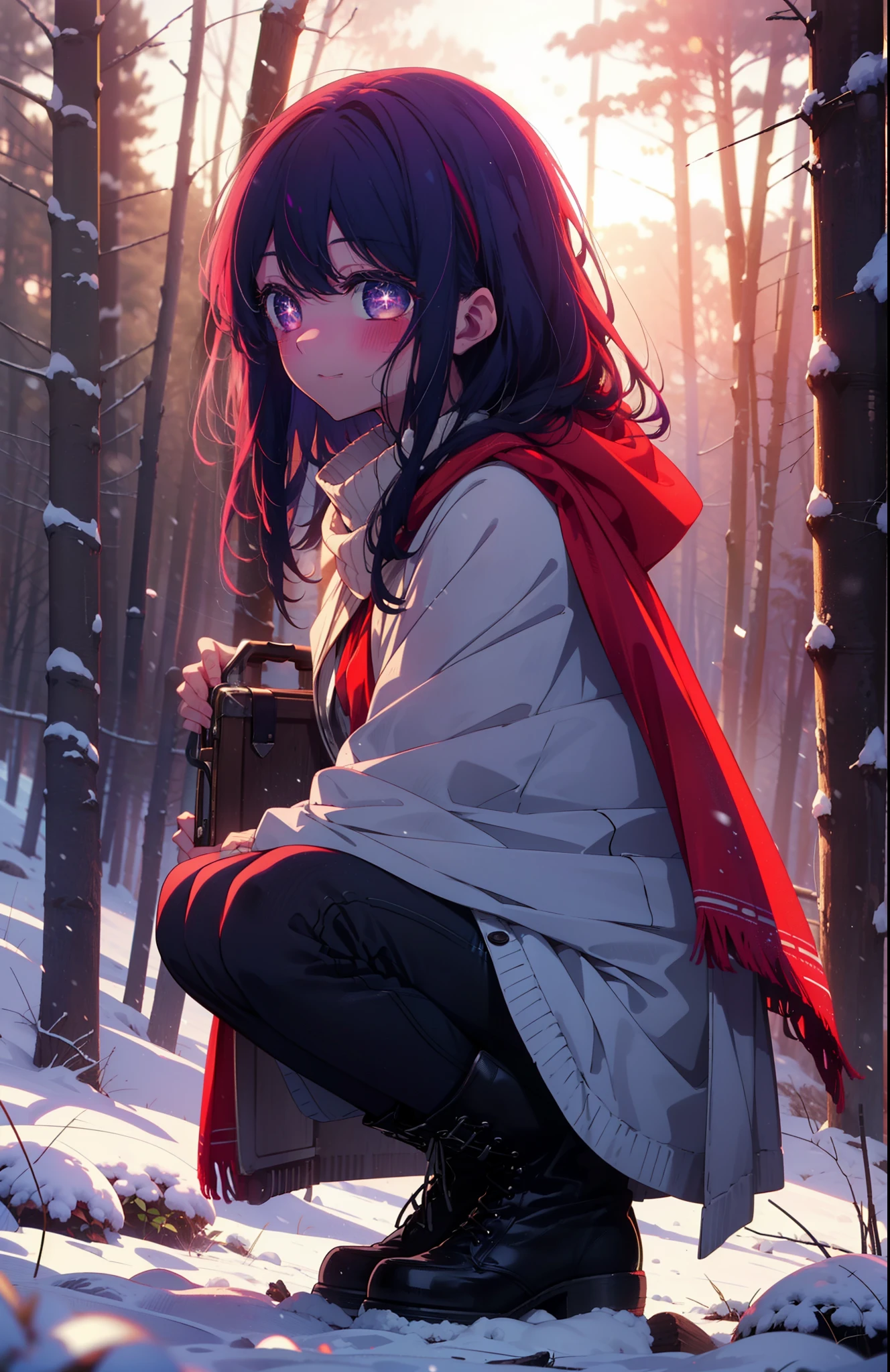 aihoshino, Ai Hoshino, Long Hair, bangs, (Purple eyes:1.1), Purple Hair, (Symbol-shaped pupil:1.5), smile,,smile,blush,white breath,
Open your mouth,snow,Ground bonfire, Outdoor, boots, snowing, From the side, wood, suitcase, Cape, Blurred, , forest, White handbag, nature, Squat, Mouth closed, Cape, winter, Written boundary depth, Black shoes, red Cape break looking at viewer, Upper Body, whole body, break Outdoor, forest, nature, break (masterpiece:1.2), Highest quality, High resolution, unity 8k wallpaper, (shape:0.8), (Beautiful and beautiful eyes:1.6), Highly detailed face, Perfect lighting, Highly detailed CG, (Perfect hands, Perfect Anatomy),