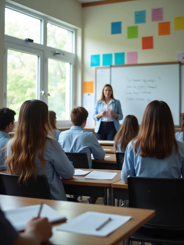 A realistic, high-quality stock photo-style image of a high school classroom. The scene depicts students aged 15-18 wearing semi-formal uniforms, seated at their desks and actively writing. A teacher stands at the front, explaining something on the whiteboard. The classroom is well-lit with natural light from windows, creating a bright and clear atmosphere. The room is neatly organized with rows of desks, educational posters on walls, and typical classroom equipment visible. Students show a range of engaged expressions, some looking at their notebooks, others at the teacher. The image captures fine details like the texture of clothing, the grain of the desks, and the writing on the whiteboard. The overall composition is balanced and professional, mimicking the style of a carefully staged yet natural-looking stock photograph. high-res, masterpiece, best quality, intricate details, very detailed, sharp focus, detailed skin, realistic skin texture, texture, detailed eyes, professional, 4k, charming smile, shot with Canon, depth of field, Kodak Vision color, perfectly fitting body, extremely detailed, photo_\( ultra\), photorealistic, realistic, post processing, maximum details, roughness, real life, ultrarealistic, photorealism, photography, 8k UHD, photography