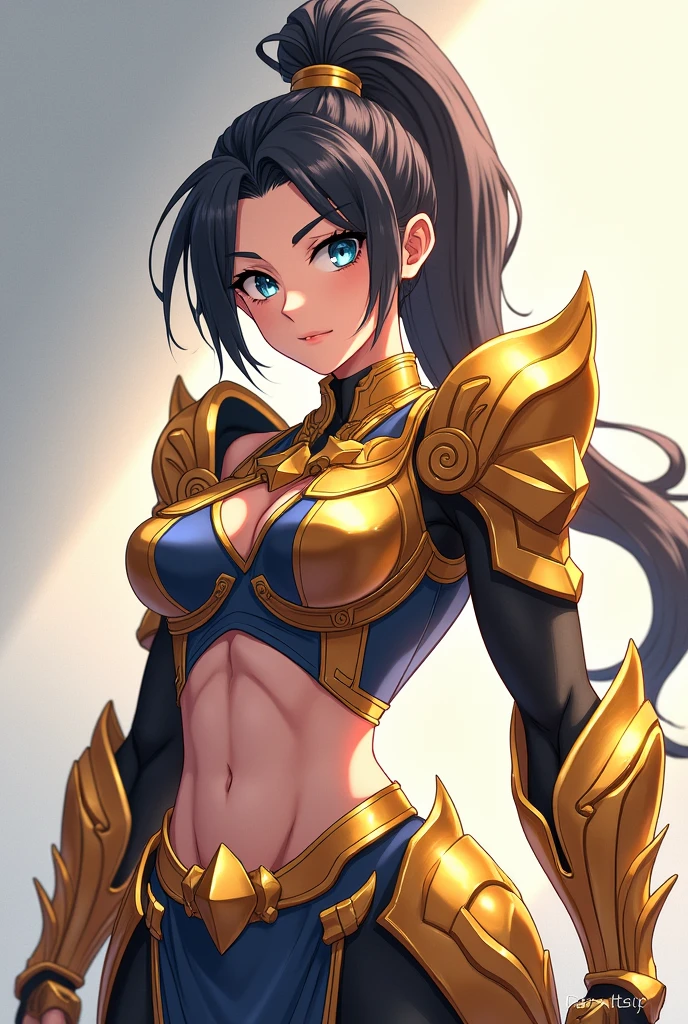 Create a high-resolution anime-style illustration of a strong and beautiful female warrior with an athletic build. She should have a confident expression, with her dark hair tied in a high ponytail, and piercing blue eyes. Her outfit consists of intricate, gleaming golden armor that covers her shoulders, arms, and torso, designed with ornate patterns and shining surfaces that reflect light. The armor should emphasize her muscular yet feminine physique, particularly showcasing her well-defined abs.
The background should be simple, with soft lighting that highlights the details of her armor and her determined gaze. Ensure the colors of the armor are a mix of gold and metallic blue, creating a sense of strength and elegance. The overall atmosphere should convey power, grace, and readiness for battle.