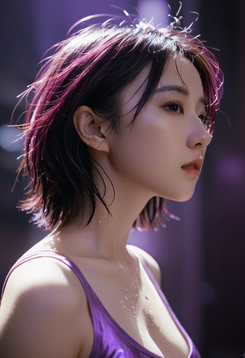 score_9, score_8_up, score_7_up, score_6_up, rating_explicit, score_9, score_8_up, score_7_up, subsurface scattering, Photorealistic, Hyperrealistic, analog style, realistic, film photography, soft lighting, photo, cinematography, high resolution, 8k, incredible photo, award winning photography, Incredible black purple hair, messy hair, only eyes visible, closeup portrait, fine detail, hair grain, beautiful black eyes, breasts round medium large, wet pink U-neck shirt, sweaty body, medium close-up shot, side shot, cyberpunk atmoshpere background, glows softly behind.