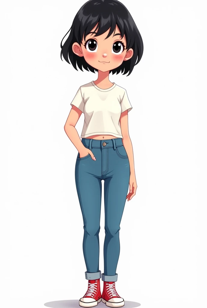 cartoon, woman, very short black hair,  black eyes, wearing a white t-shirt without a print, jeans and all star sneakers. Transparent image background