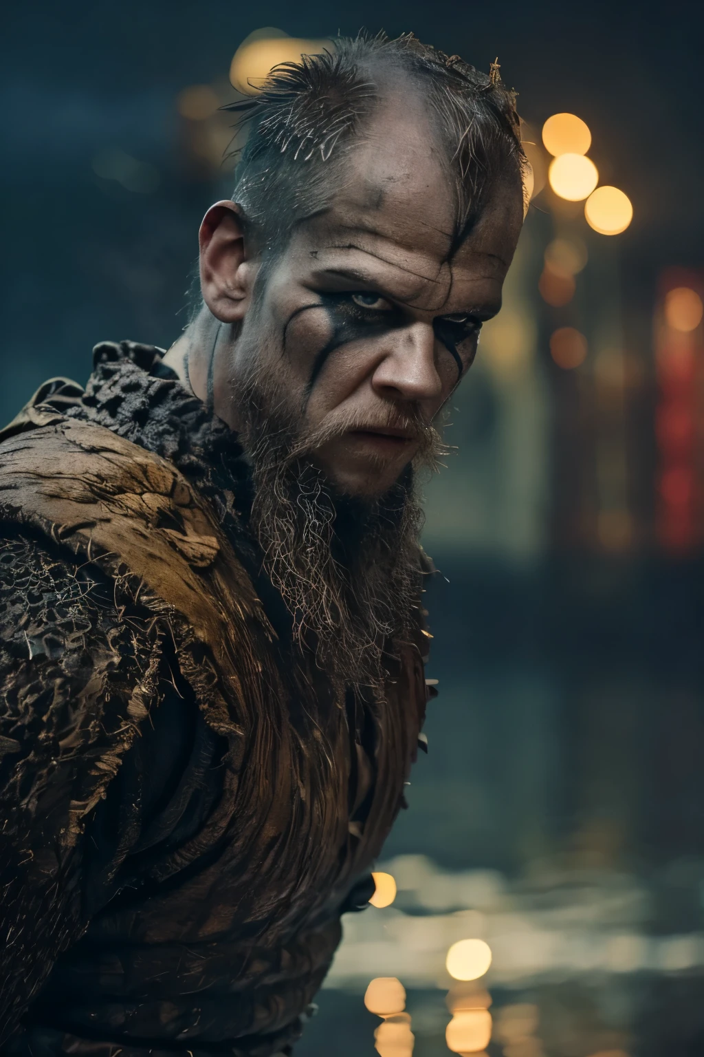 Hyper realistic, ultra detailed, cinematic posterof Floki a viking warrior, old man, 50 years old, black makeup on eyes, beard, ((action scene)), in dynamic pose, ((night, rain fall)) , ultra realistic, skin texture, cinematic lighting. (((Cinematic thunder background))) .