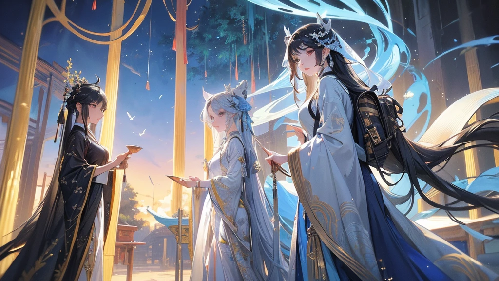 night,A vast expanse of silvery sand amidst the laurel trees,A beautiful and charming woman wearing gorgeous white ancient Chinese costume,Black long hair,Charming black eyes,Standing,and a white furry rabbit wearing blue ancient clothes,Rabbit carrying bamboo backpack,Standing,Surrounded by laurel trees,The sky is deep blue,Night Sky,