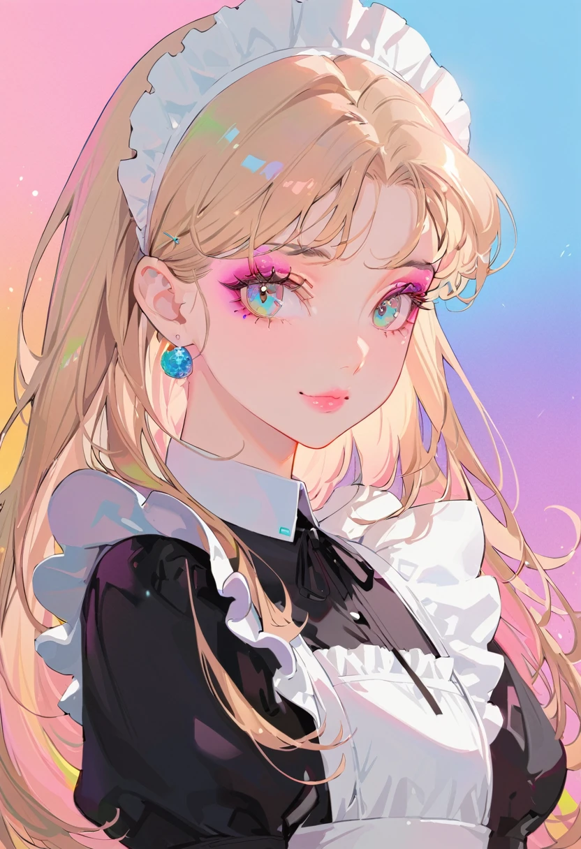 (((pop)))、1990s、((Colorful background)(maid:1.5),(Highest quality,Super detailed,High resolution:1.2),Beautiful girl with a perfect face,very_Long eyelashes, Detailed lips, A radiant smile, Soft Skin, Shiny Hair,Vibrant Background, Natural light,The cutest girl in the world,Exquisite makeup,Pouting