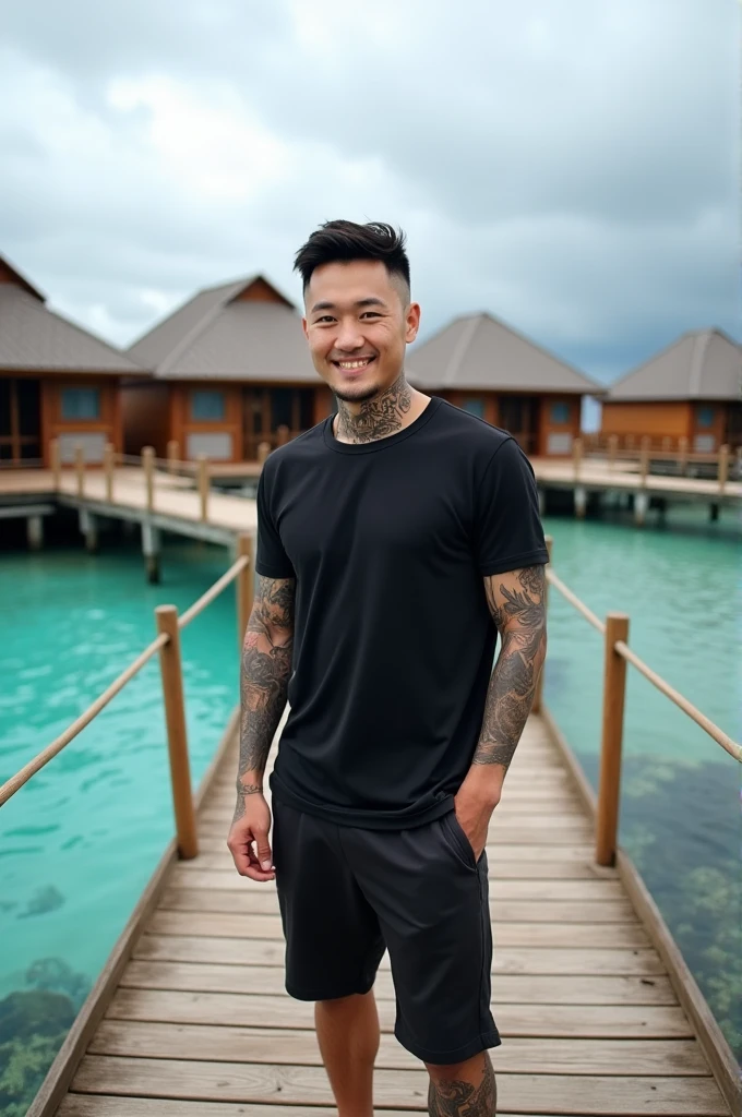 
A Korean man with undercut hair, standing on a bridge made of planks past the front of the resort, circling the sea with stairs descending at the end of a plank wooden platform overlooking the clear turquoise water. He was wearing a black t-shirt, shorts, full of tattoos on his face. his arm. In the background there are several rustic wooden resorts with curved roofs, Zincalume Galvalume roof models, these resorts are built on the water on the beach. The background is a marine tourism destination in the Lampung region of Indonesia known as "Tegal Mas Resort", the sky is cloudy while smiling at the camera