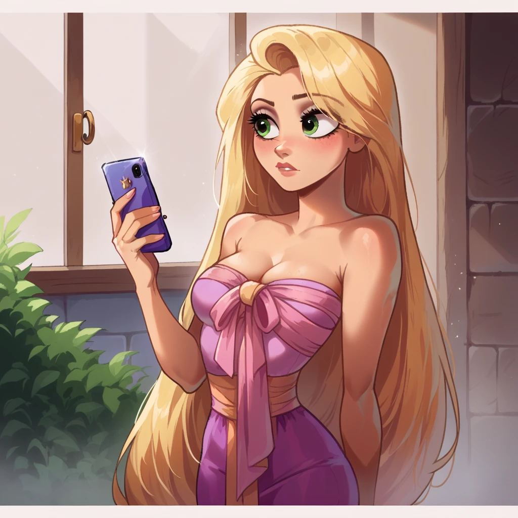 score_9_presence, score_8_up, Rapunzel, wrapped in towel, medium breasts, holding phone