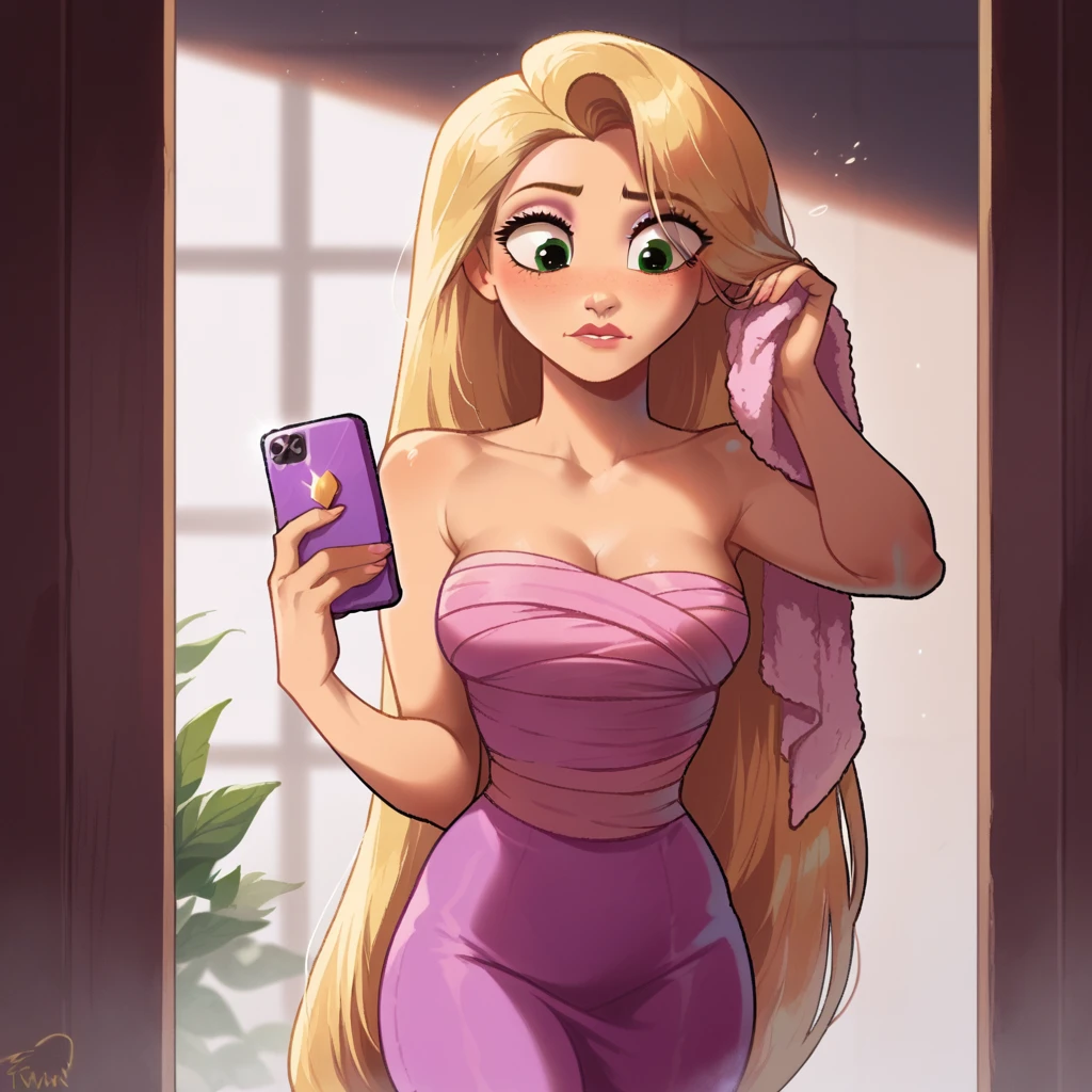 score_9_presence, score_8_up, Rapunzel, wrapped in towel, medium breasts, holding phone