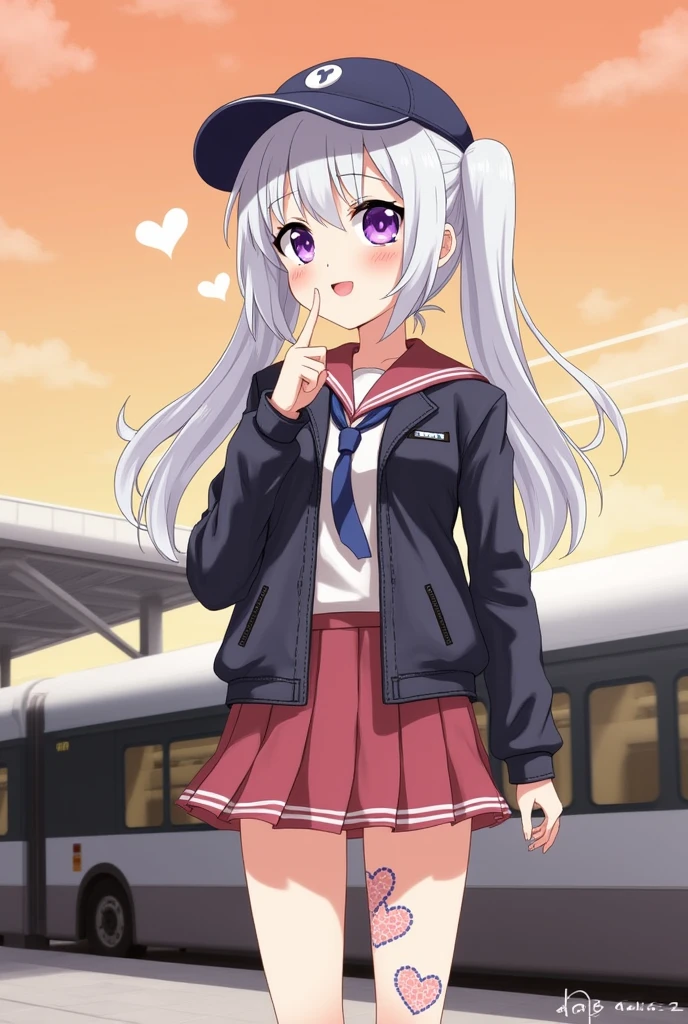1girl, solo, white hair, purple eyes, twintails, leg tattoos, school uniform, mini skirt, love heart print, navy cap, leather jacket, orange sky,, outdoors, train station, standing in front of bus,