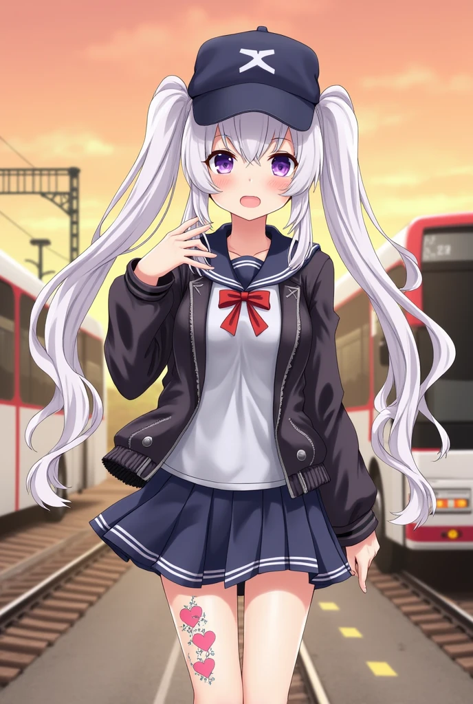 1girl, solo, white hair, purple eyes, twintails, leg tattoos, school uniform, mini skirt, love heart print, navy cap, leather jacket, orange sky,, outdoors, train station, standing in front of bus,