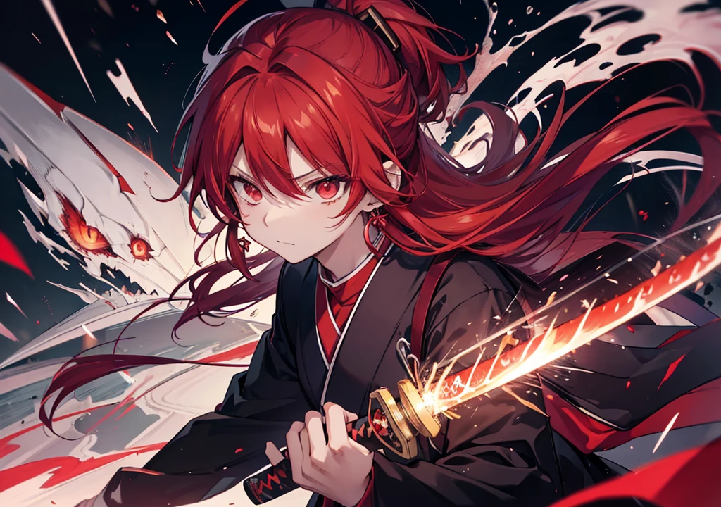 yoriichi zeroshiki, demon slayer, high quality, red eyes, best quality, high resolution, high eyes quality, japan, sakura, storm, rain, evil look, katana, red katana, fire katana, glowing eyes, red hair, long hair, man, card earrings, earrings