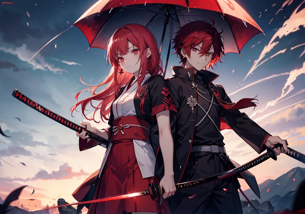 yoriichi zeroshiki, demon slayer, high quality, red eyes, best quality, high resolution, high eyes quality, japan, sakura, storm, rain, evil look, katana, red katana, fire katana, glowing eyes, red hair, long hair, man, card earrings, earrings