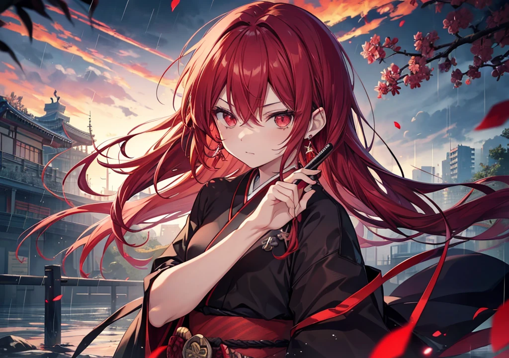yoriichi zeroshiki, demon slayer, high quality, red eyes, best quality, high resolution, high eyes quality, japan, sakura, storm, rain, evil look, katana, red katana, fire katana, glowing eyes, red hair, long hair, man, card earrings, earrings
